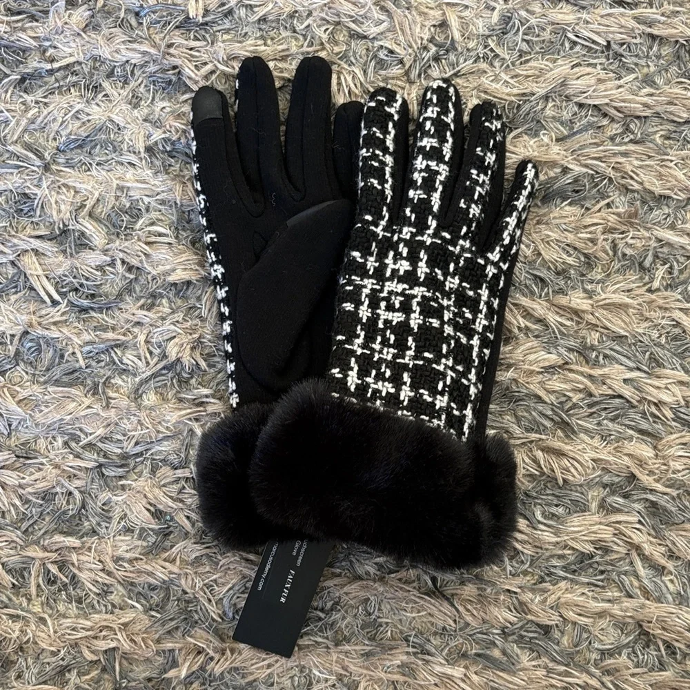 Marcus Adler Black White Tweed Faux Fur Cuff Touchscreen Women's Gloves New